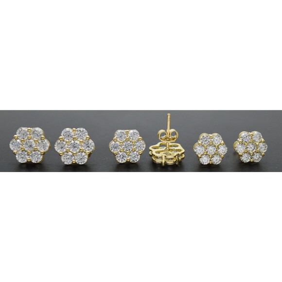 Real 10K Solid Yellow Gold Shiny Womens Flower Pave CZ Charm Stud Earrings